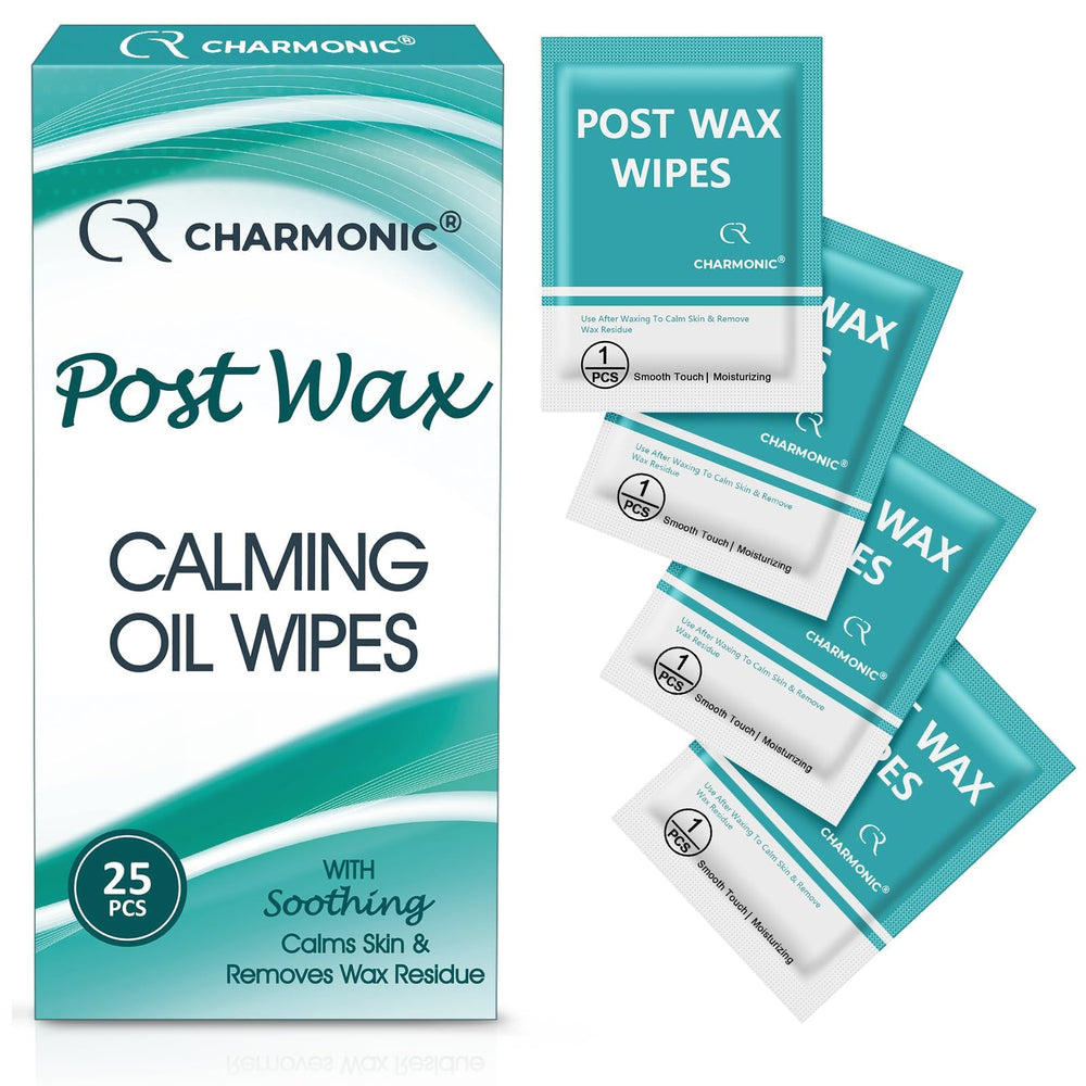 Charmonic post-wax wipes packaging shows a 25-piece kit for home or travel