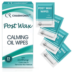 Charmonic post-wax wipes packaging shows a 25-piece kit for home or travel