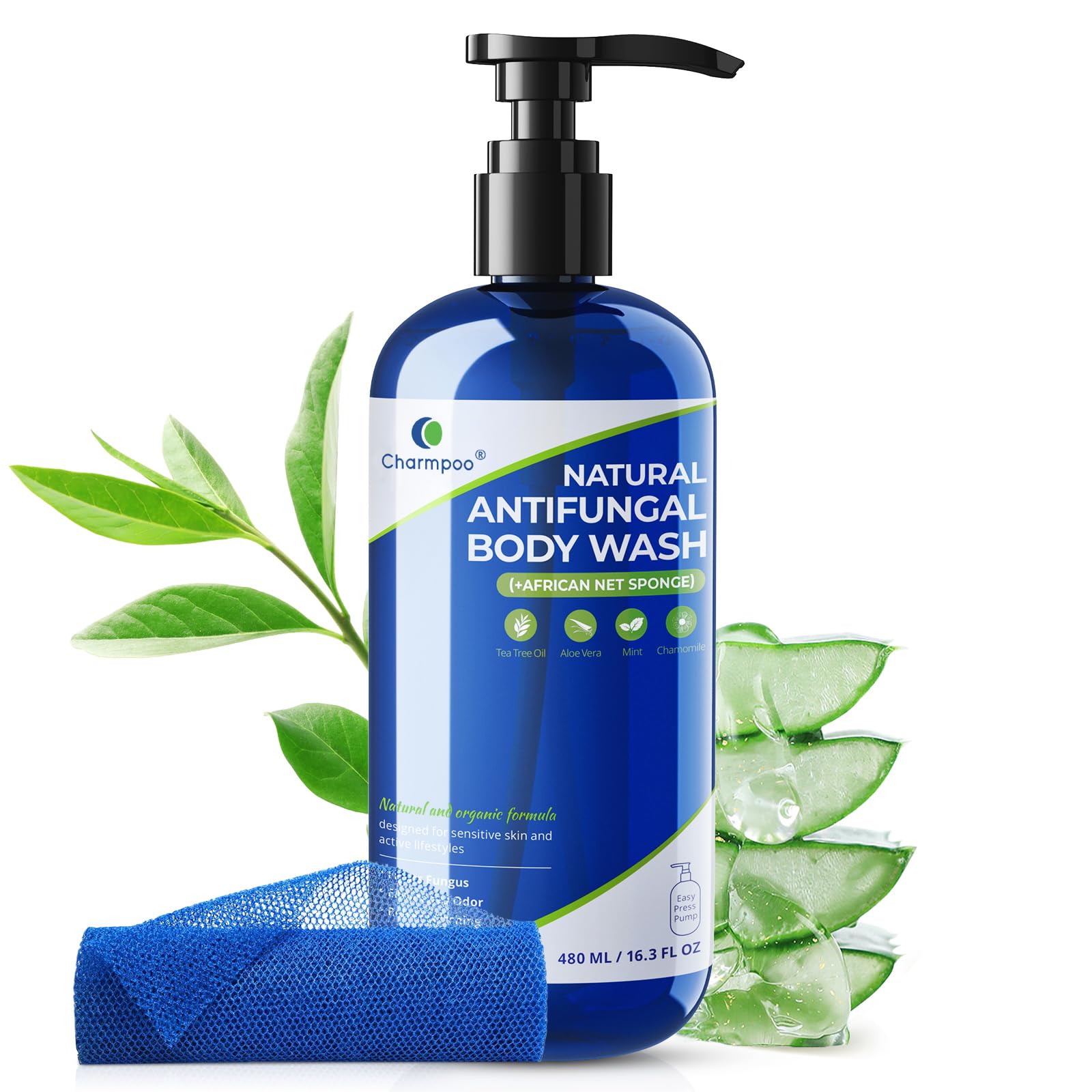 CHARMPOO natural antifungal body wash bottle pump with tea tree for sensitive skin care.