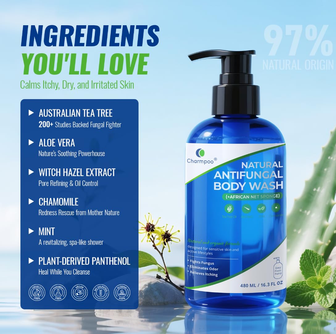CHARMPOO pH-balanced formula shown in bottle emphasizes irritation-free daily cleansing.