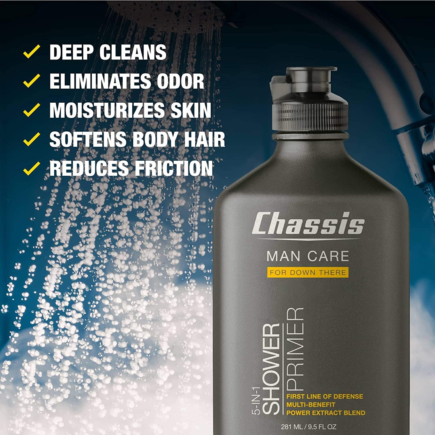 Chassis deep-cleansing bodywash lather ready for refreshing, thorough cleanse.