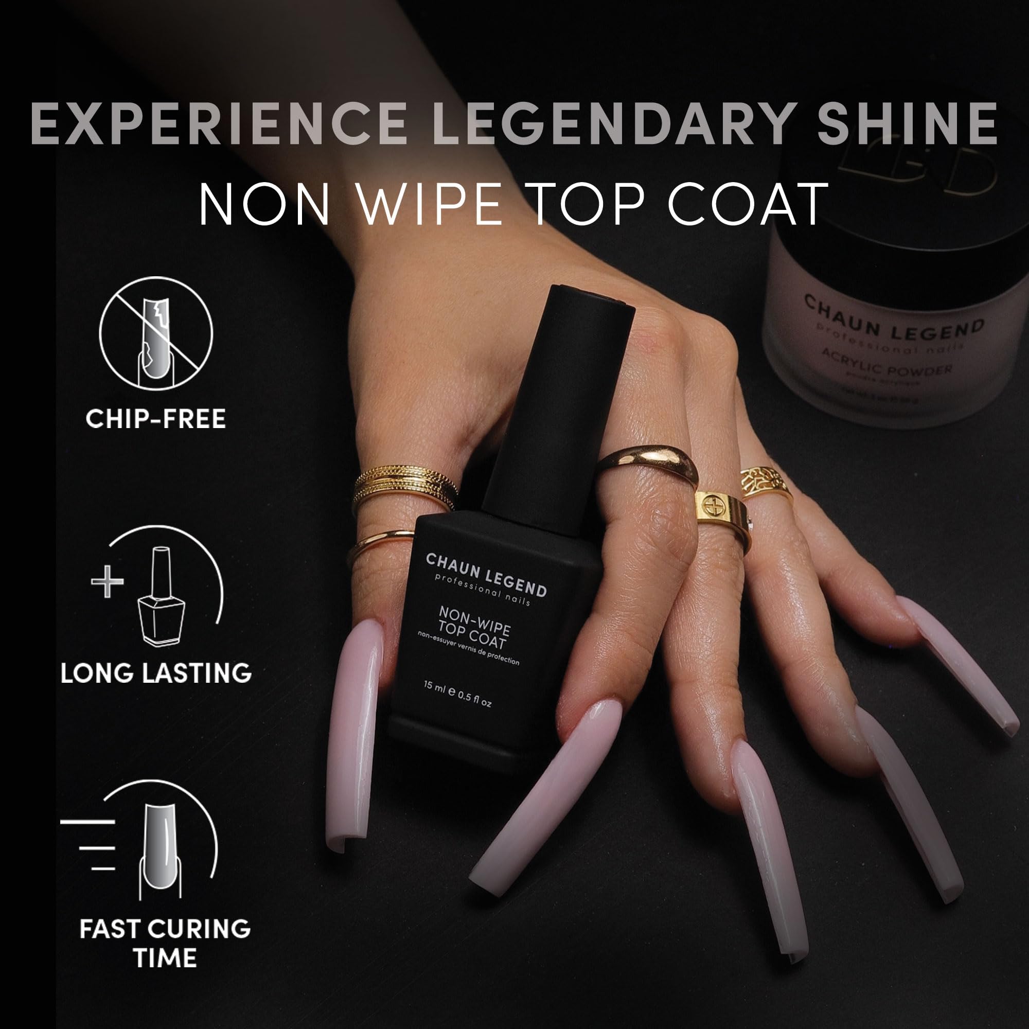 Chaun Legend Non-Wipe Top Coat delivers instant brilliance on nails.