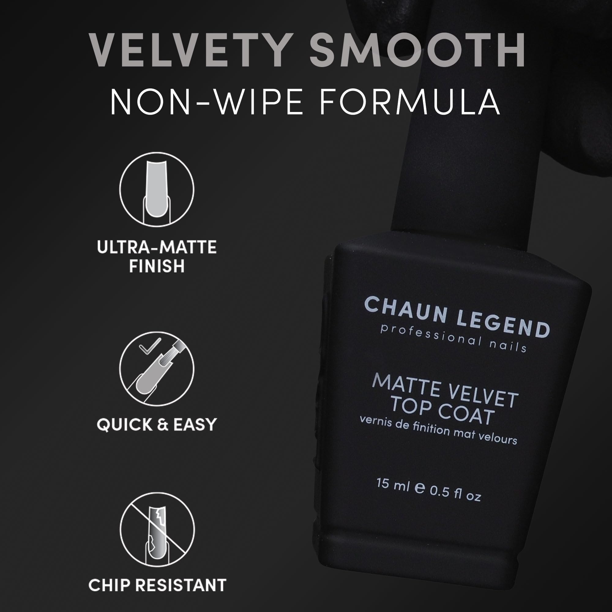 Chaun Legend Velvet Matte Top Coat brush application shows non-wipe smooth finish.
