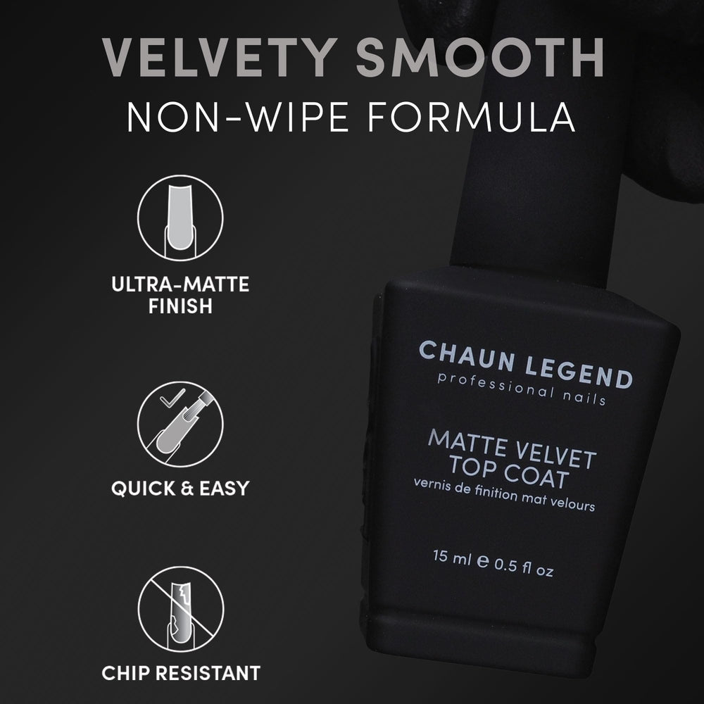 Chaun Legend Velvet Matte Top Coat brush application shows non-wipe smooth finish.