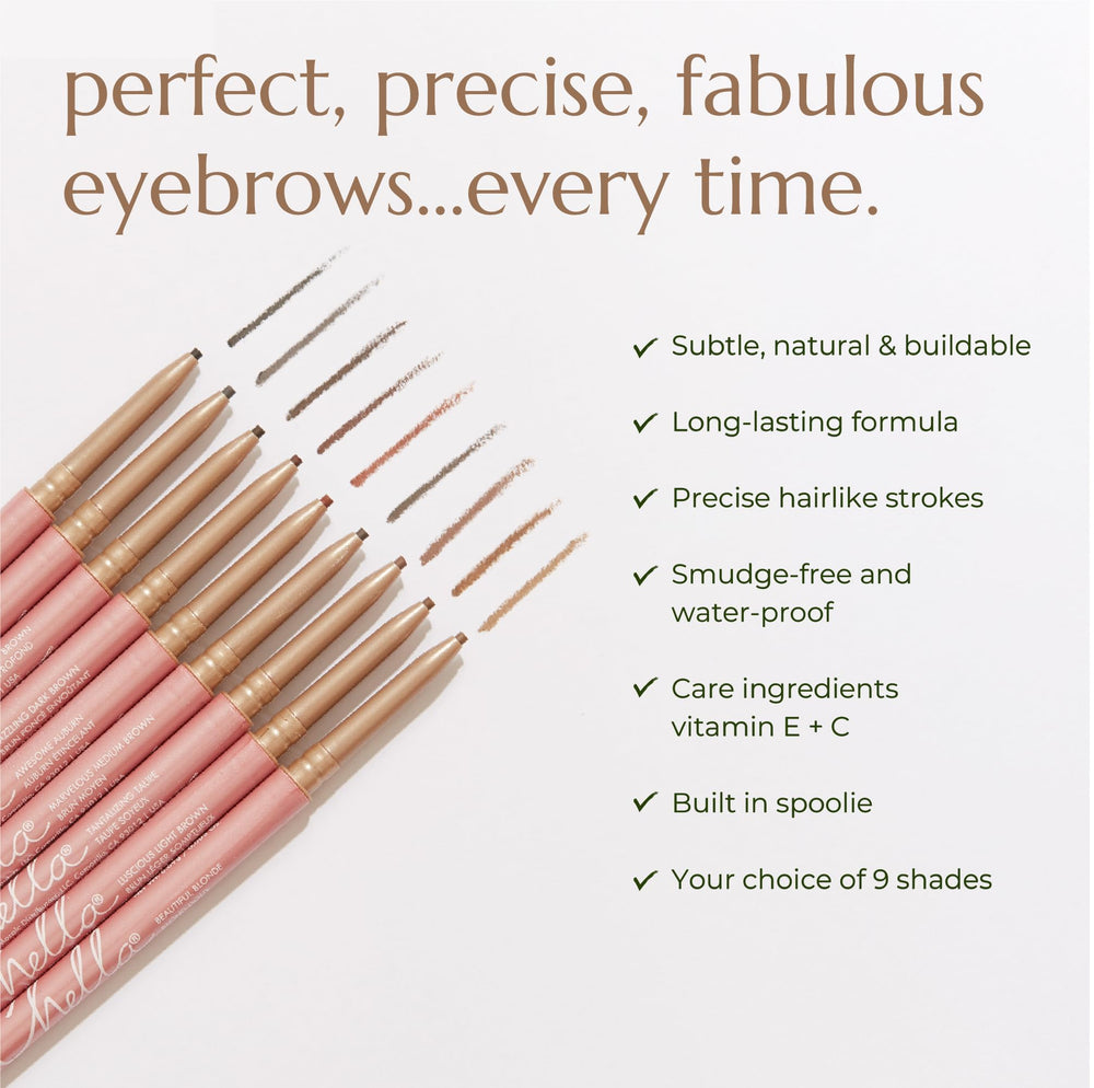 Chella Eyebrow Pencil Taupe built-in spoolie blends brows for quick blending.
