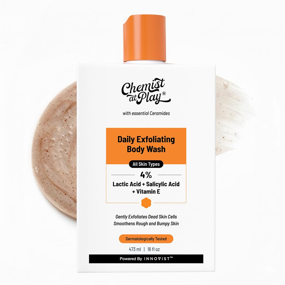 Chemist At Play exfoliating-bottle showcases daily cleansing for smoother skin.