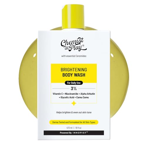Chemist at Play Brightening Body Wash bottle display for radiant skin improvement.