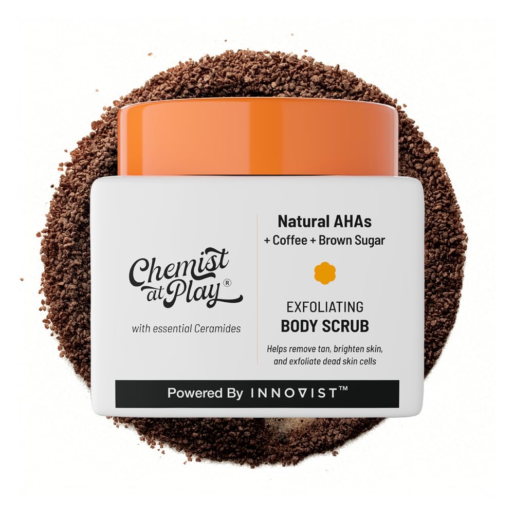 Chemist at Play exfoliating scrub coffee grains for smoother, brighter skin.