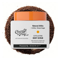 Chemist at Play exfoliating scrub coffee grains for smoother, brighter skin.