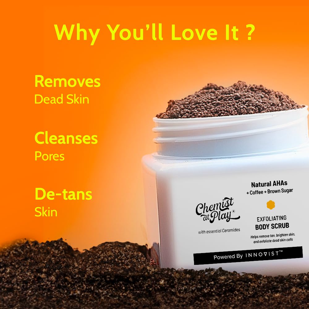 Chemist at Play exfoliating scrub texture shows coffee beads for daily exfoliation.