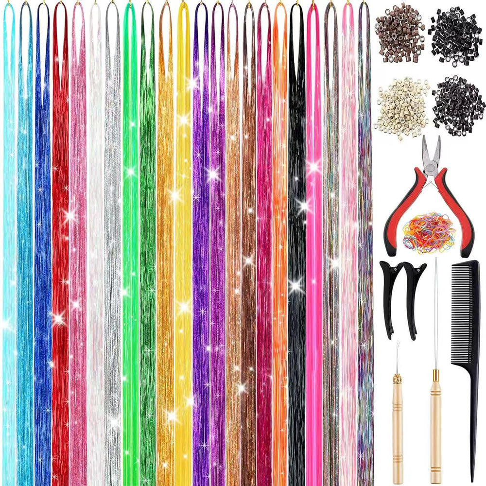 CHENZI hair tinsel kit color swatches show 22 colors for versatile styling ideas