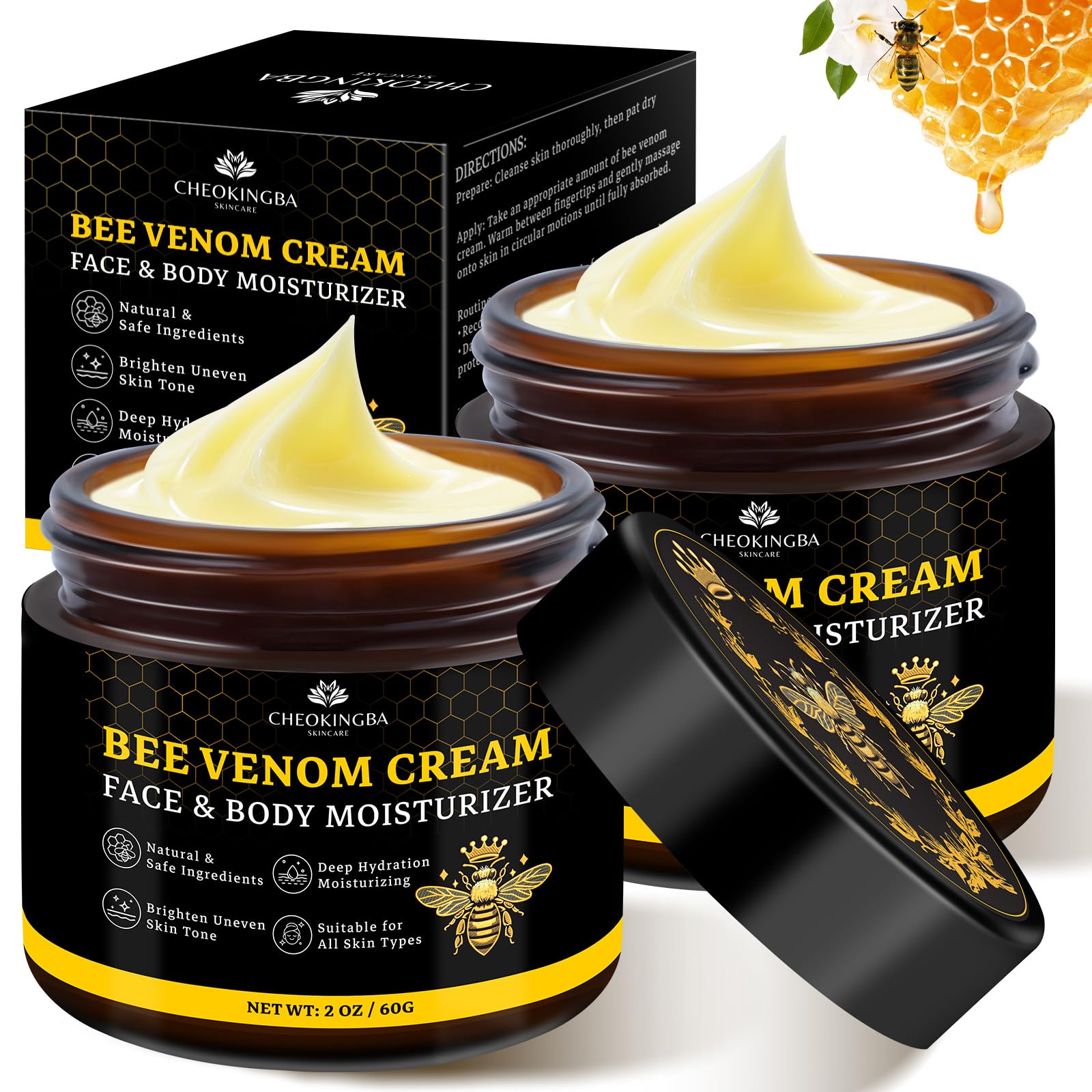 CHEOKINGBA Bee Venom Comprehensive Cream jar closeup showing quick absorption for daily use.