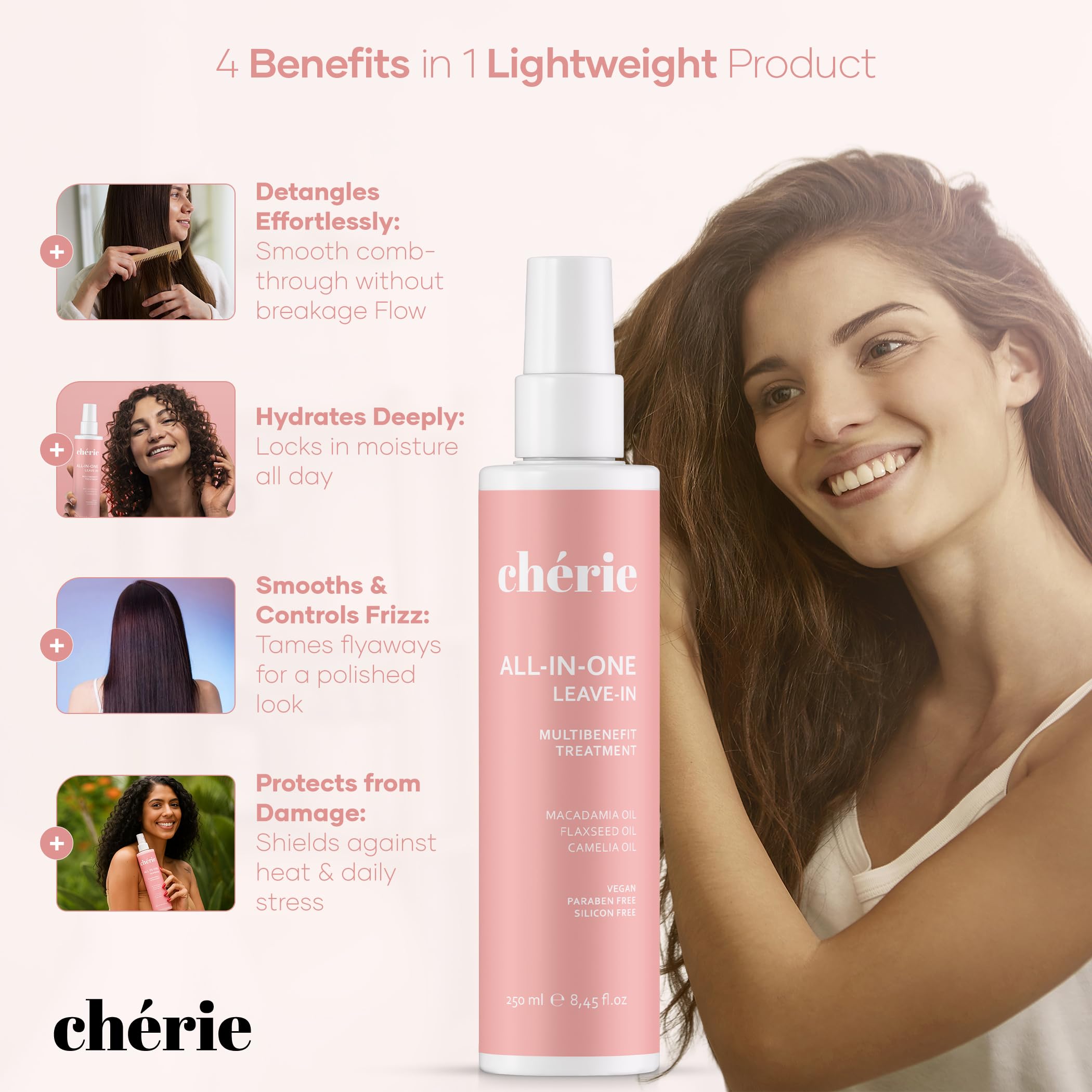 cherie leave-in conditioner close-up highlights macadamia oil for nourished strands