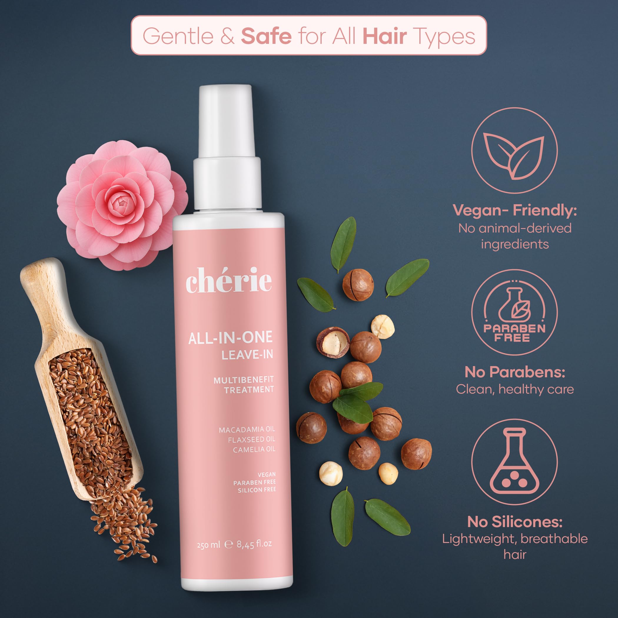 cherie leave-in conditioner ingredients scene focuses camellia oil nourishing hair