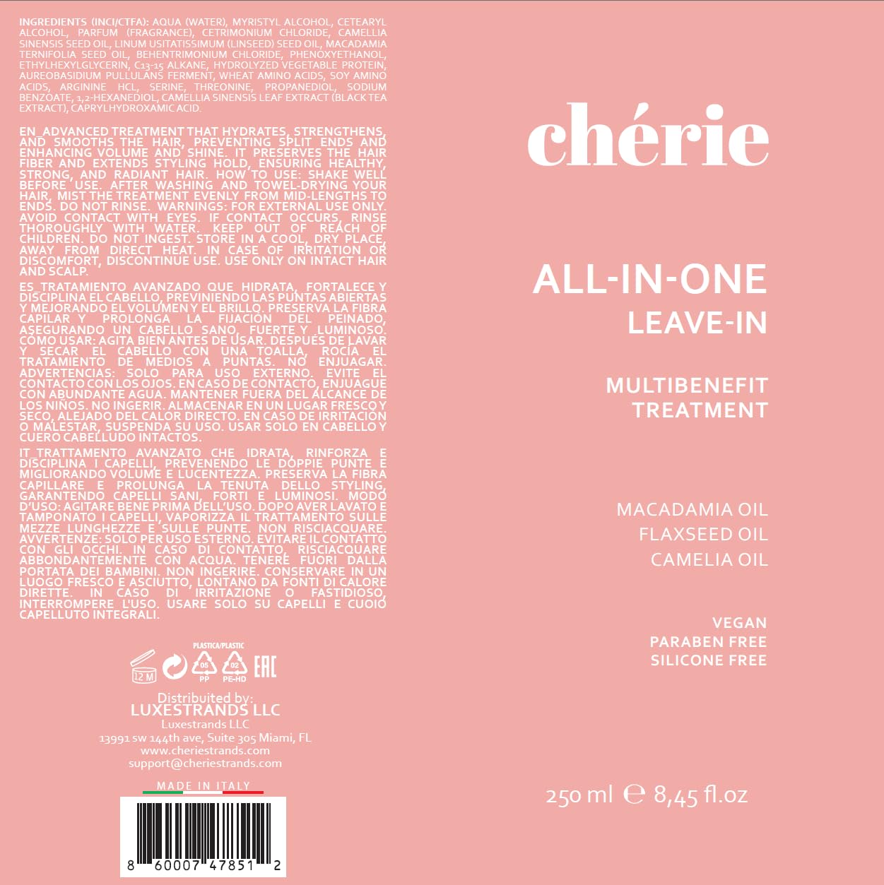 cherie leave-in conditioner no-silicone-paraben formula conveys lightweight, non-greasy finish