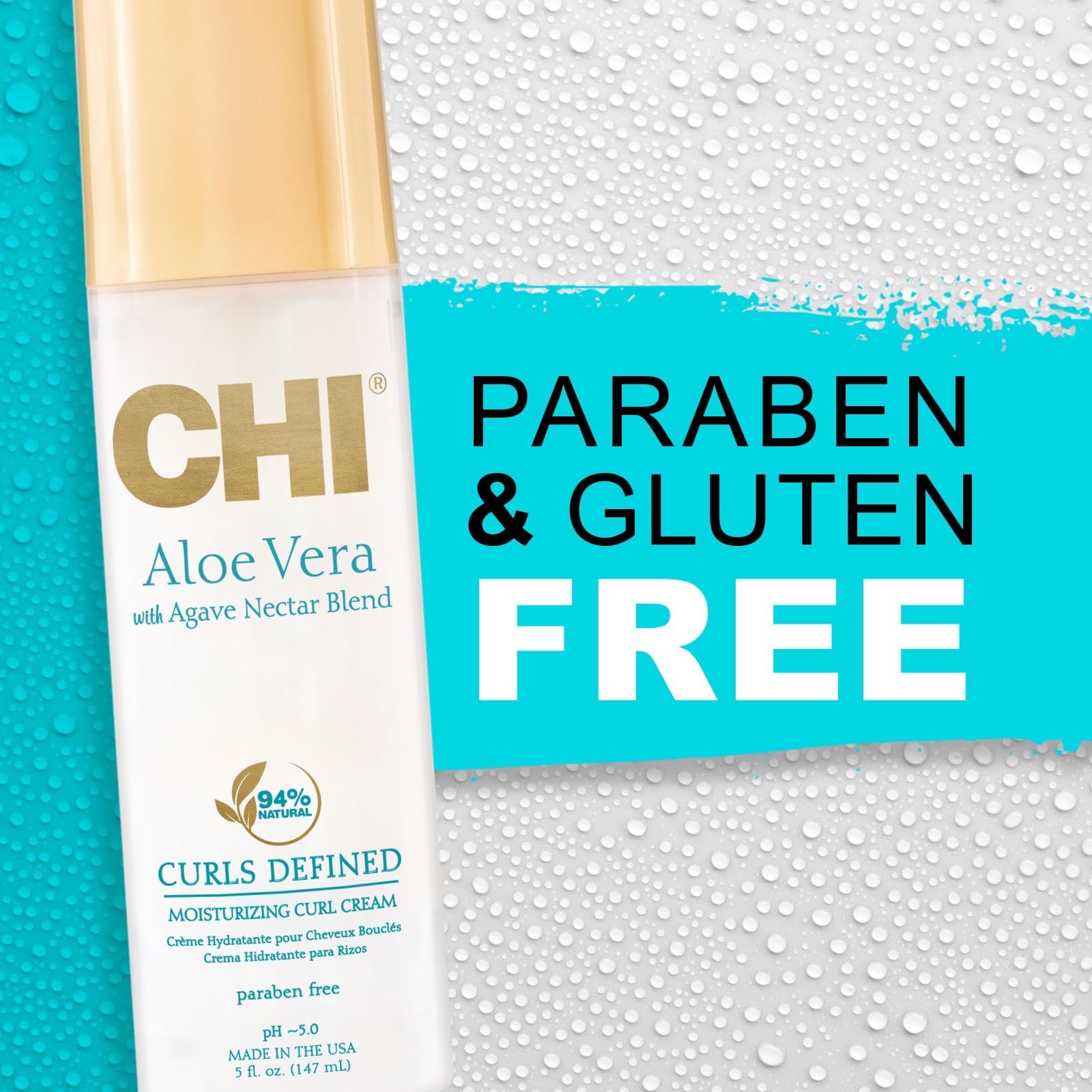 CHI Aloe Vera Moisturizing Curl Cream aloe-silk blend image highlights moisture and silk-like gloss.