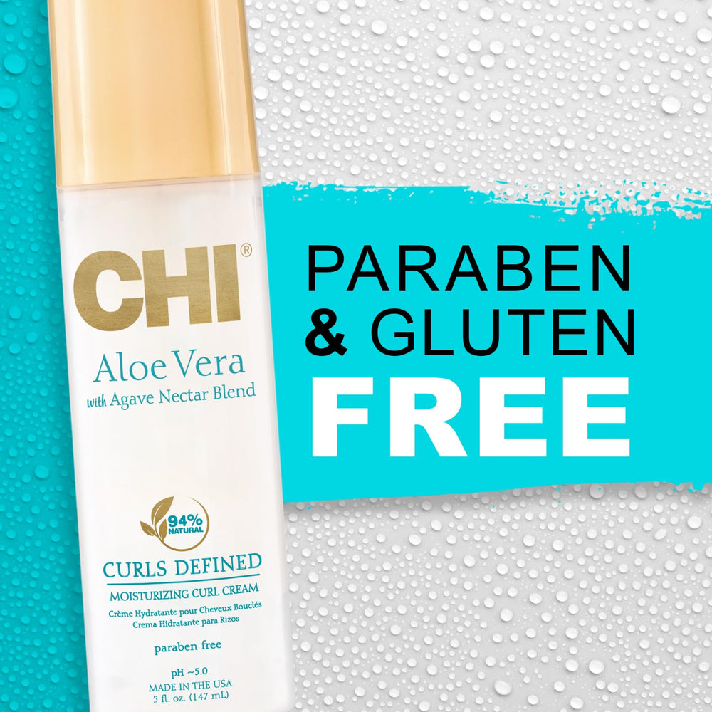 CHI Aloe Vera Moisturizing Curl Cream aloe-silk blend image highlights moisture and silk-like gloss.