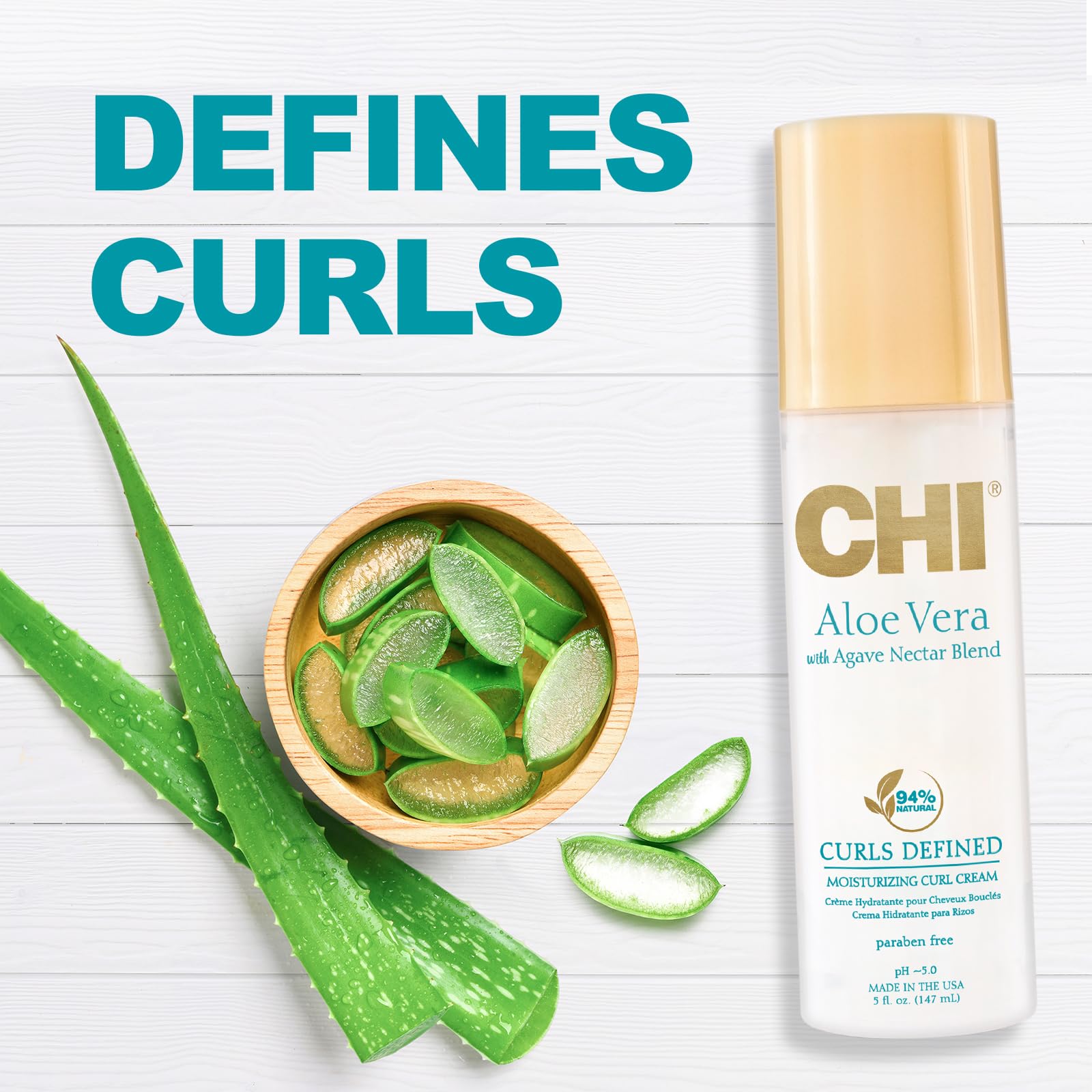 CHI Aloe Vera Moisturizing Curl Cream frizz-taming shot suggests smooth, touchable curls.
