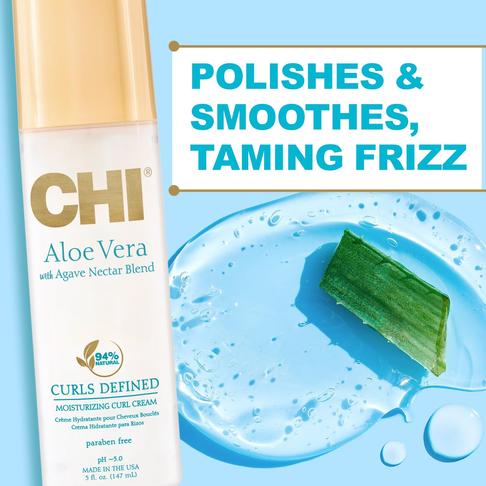 CHI Aloe Vera Moisturizing Curl Cream swirl shows bouncy, defined curls with lightweight feel.