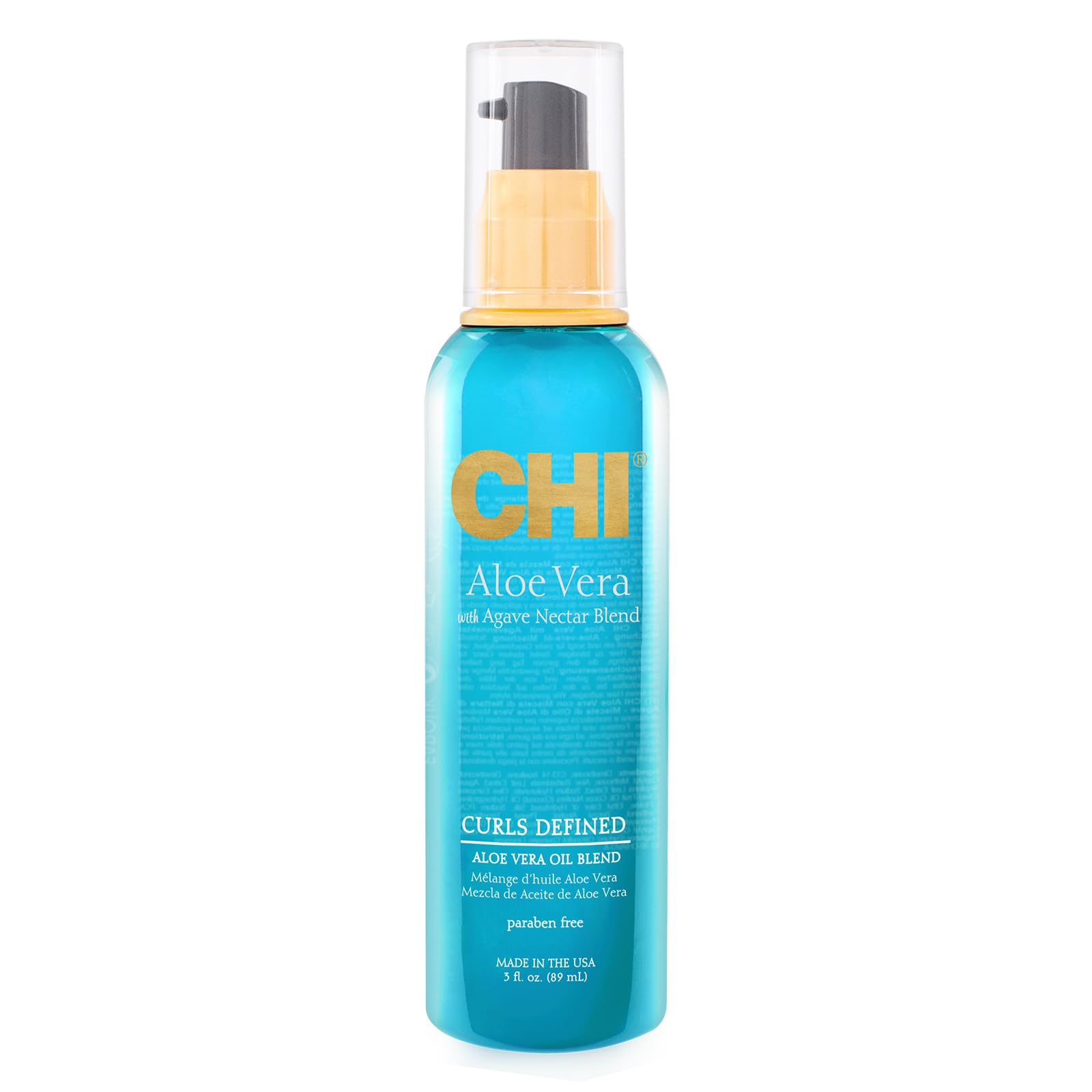 CHI Aloe Vera Oil bottle 3oz close-up revealing silky shine and frizz control.