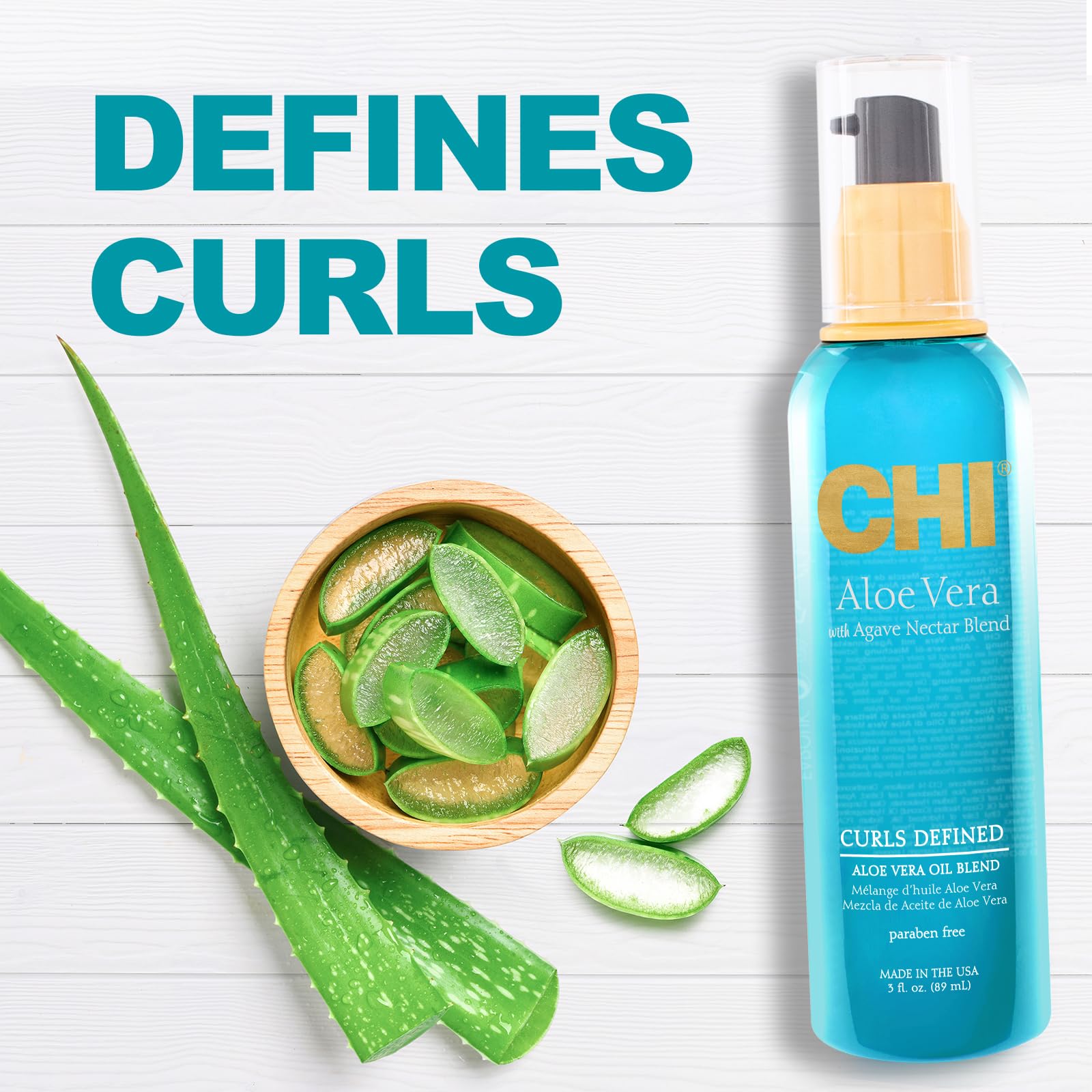 CHI Aloe Vera Oil packaging and label underscoring sulfate, paraben, and cruelty-free claims.