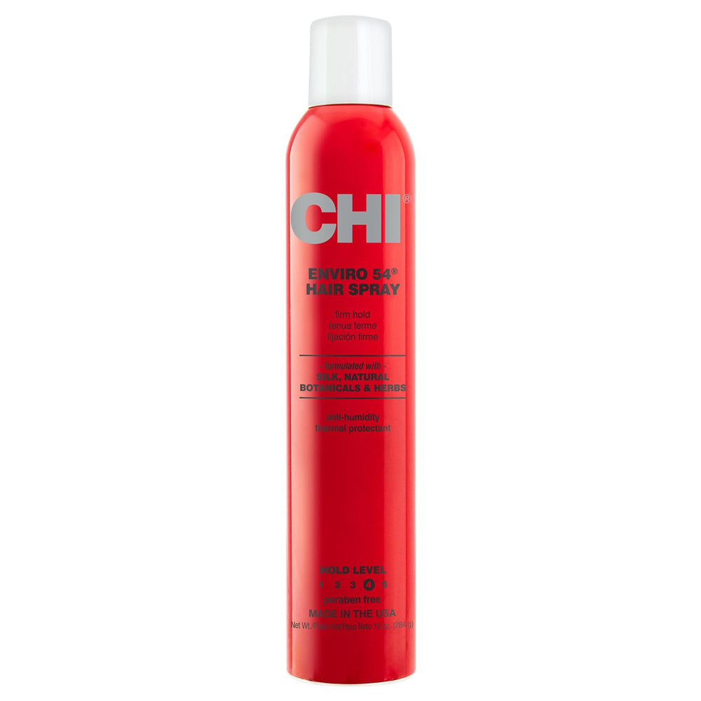 CHI Enviro 54 hairspray bottle displaying firm hold with a lightweight finish.