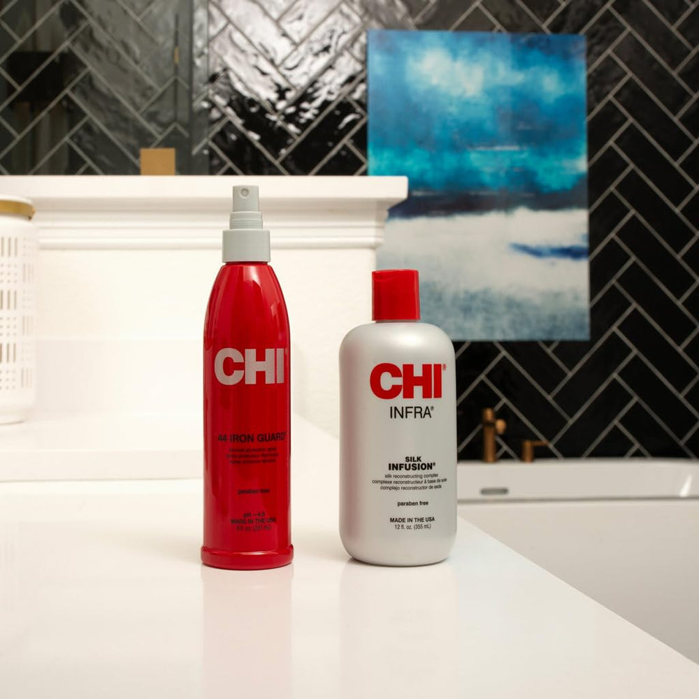 CHI Infra Silk Infusion ingredients close-up highlights silk and protein benefits.