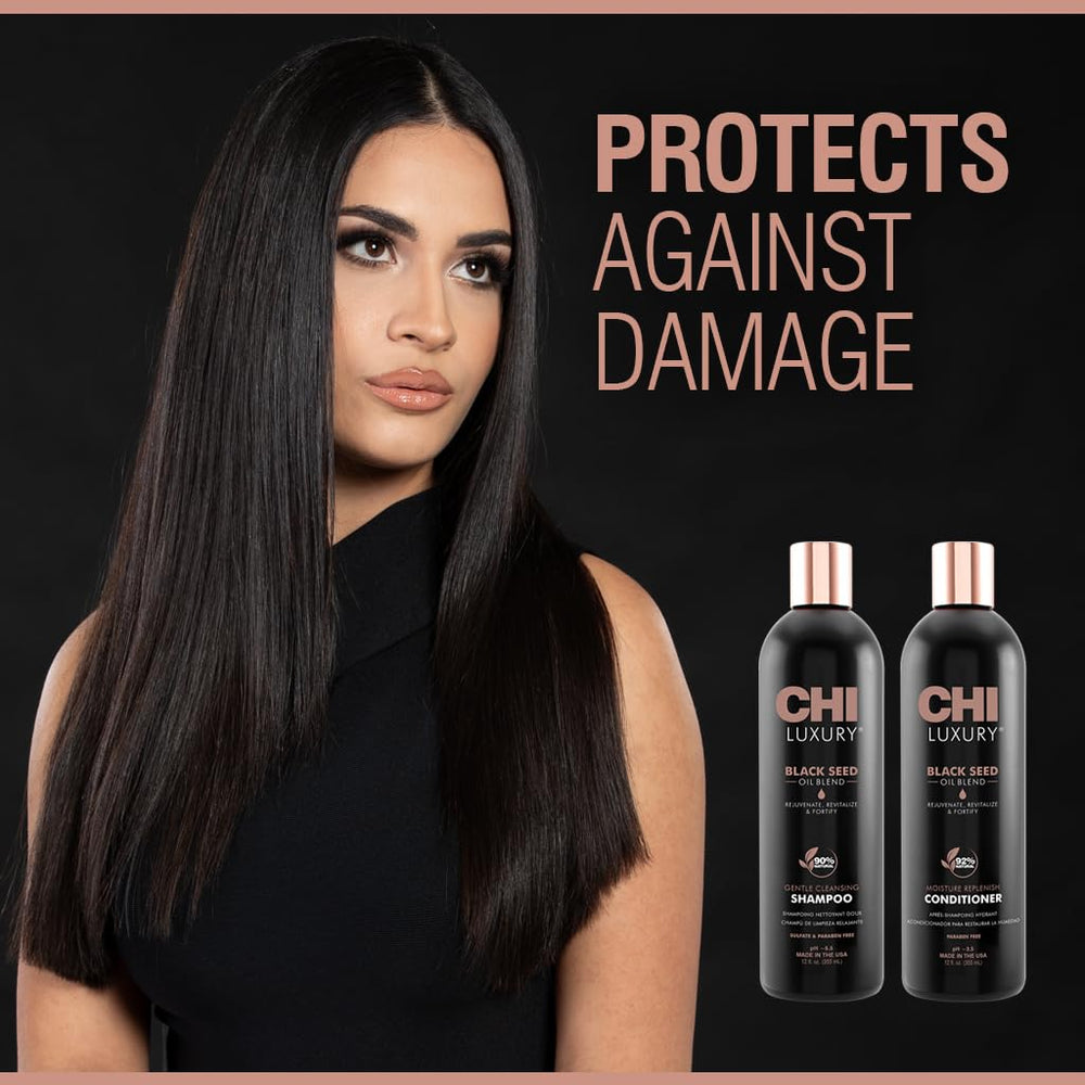 CHI Luxury Black Seed Oil Conditioner bottle delivers deep hydration for softer, smoother strands.