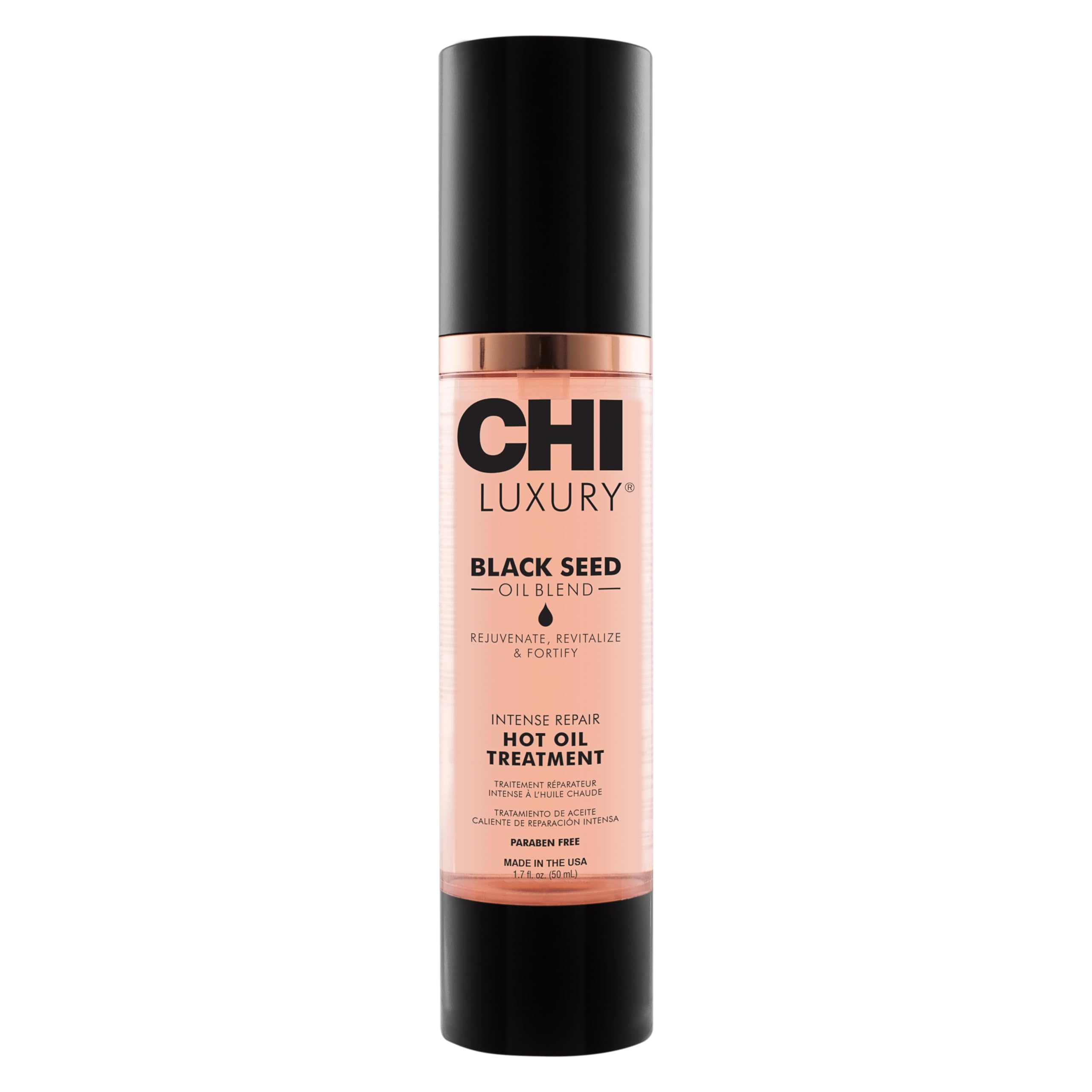 CHI Luxury Black Seed Oil bottle shows premium repair benefits for glossy, strong hair.
