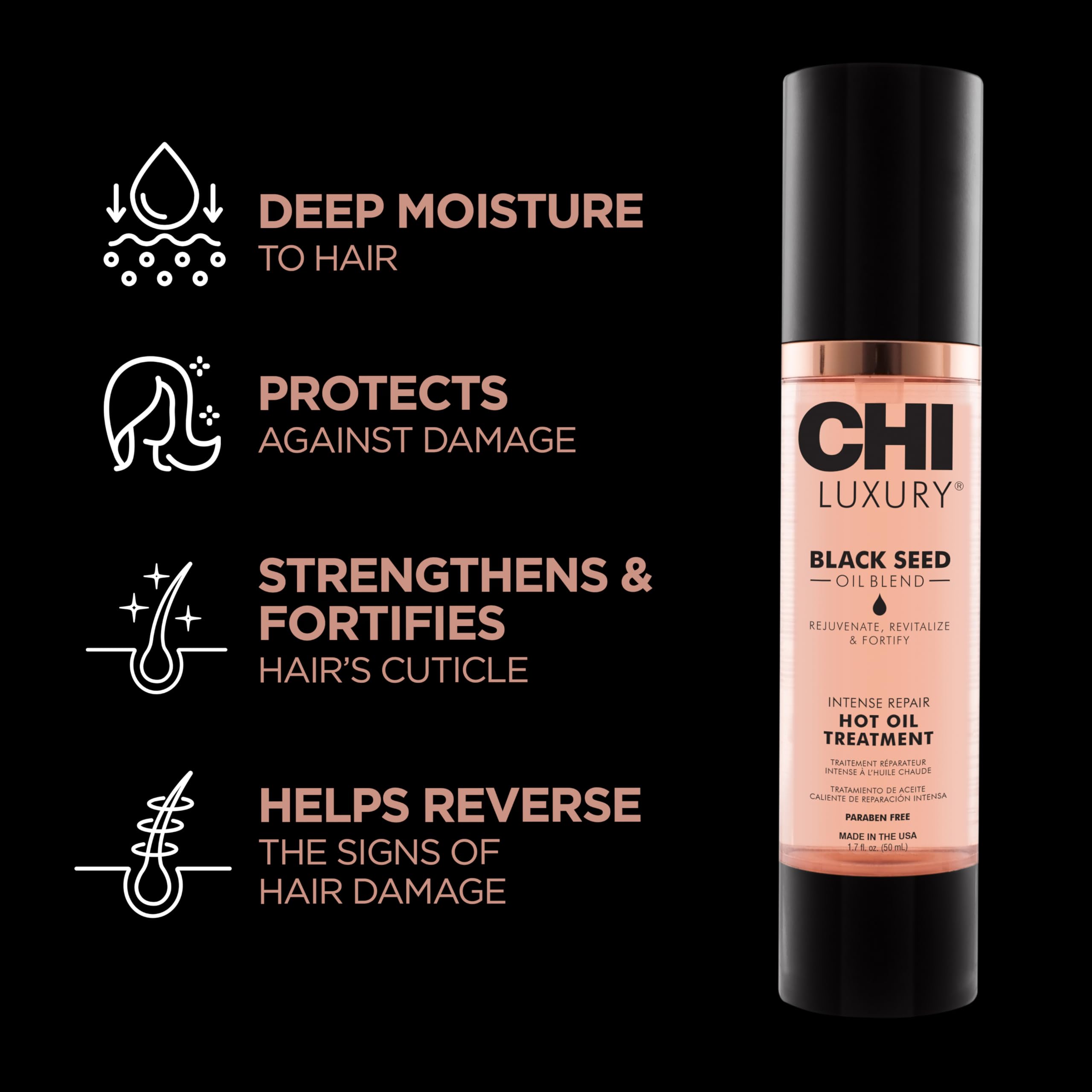 CHI Luxury Black Seed Oil label close-up highlights rejuvenation and shine.