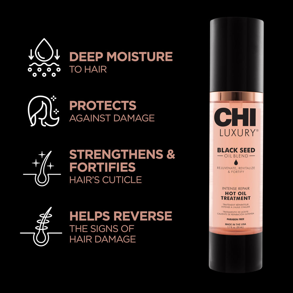CHI Luxury Black Seed Oil label close-up highlights rejuvenation and shine.