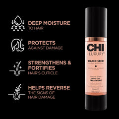 CHI Luxury Black Seed Oil label close-up highlights rejuvenation and shine.