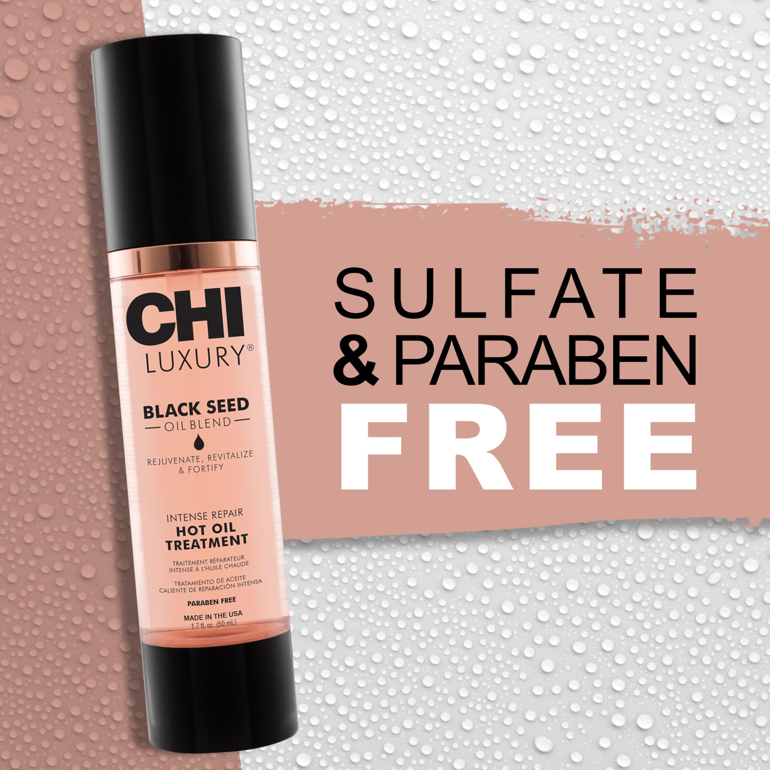 CHI Luxury Black Seed Oil packaging shows cruelty-free and gluten-free promises.