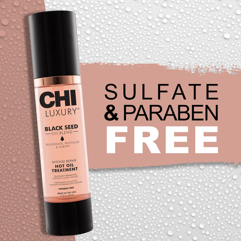 CHI Luxury Black Seed Oil packaging shows cruelty-free and gluten-free promises.