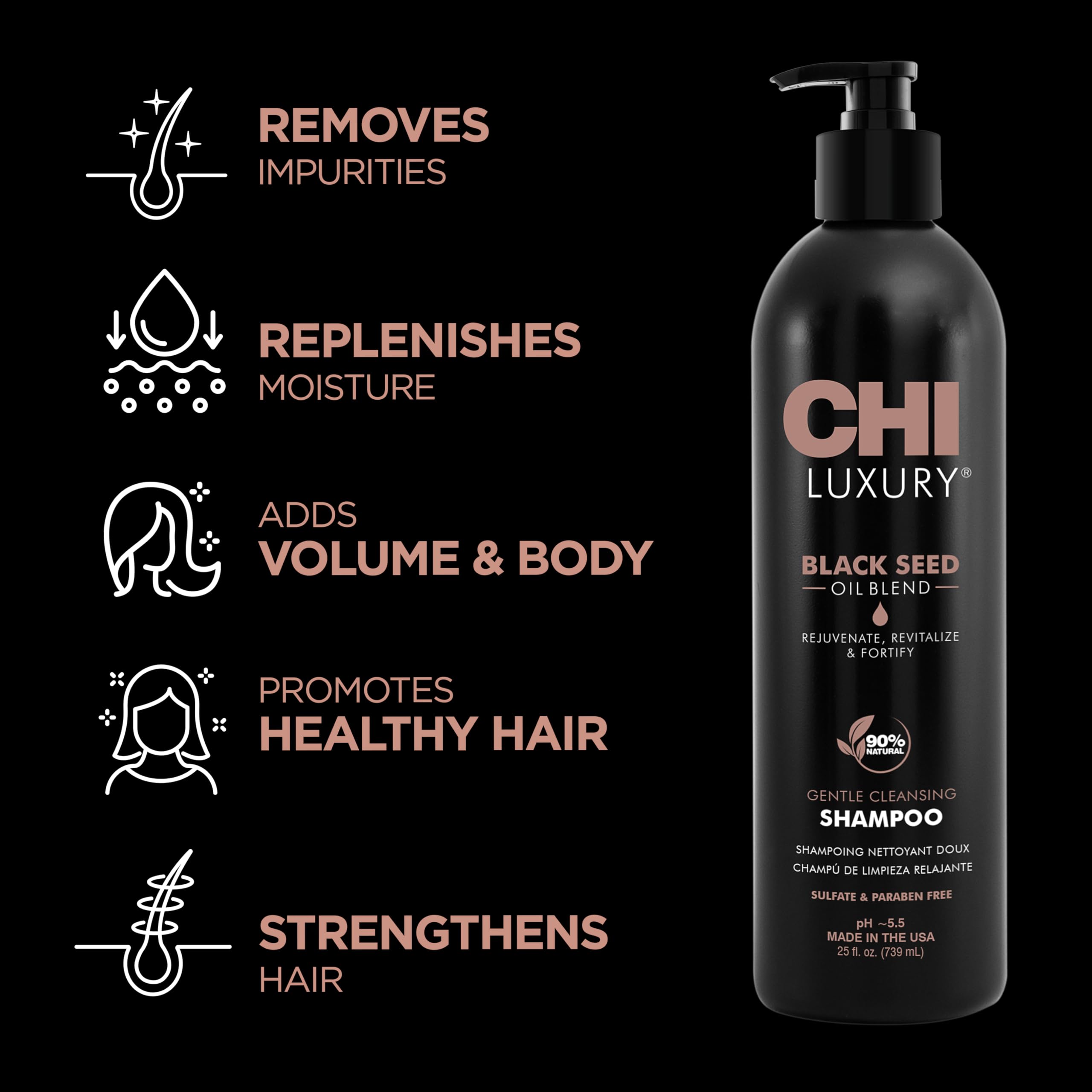 CHI Luxury Black Seed Oil Shampoo bottle side view showcasing premium packaging.