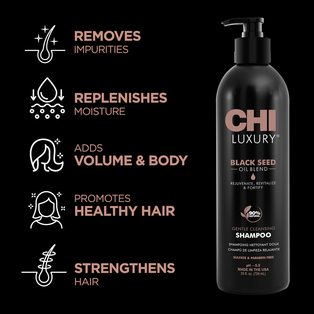 CHI Luxury Black Seed Oil Shampoo bottle side view showcasing premium packaging.
