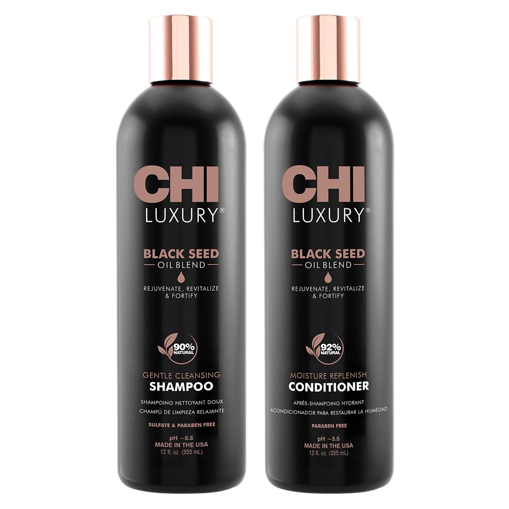 CHI Luxury Black Seed Oil Shampoo bottle with premium shine boost in a luxurious lather.