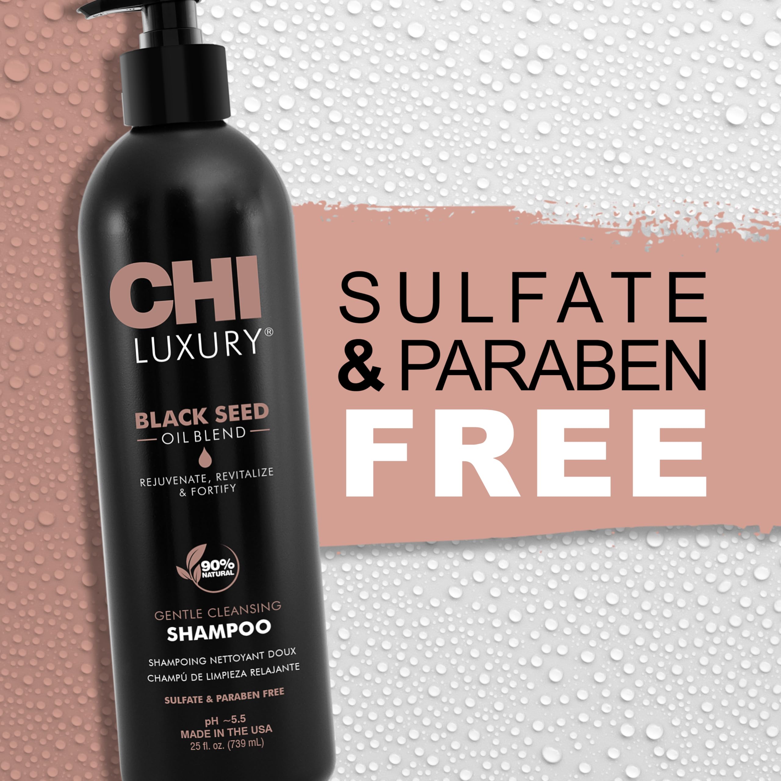 CHI Luxury Black Seed Oil Shampoo label highlights sulfate-free and cruelty-free benefits.