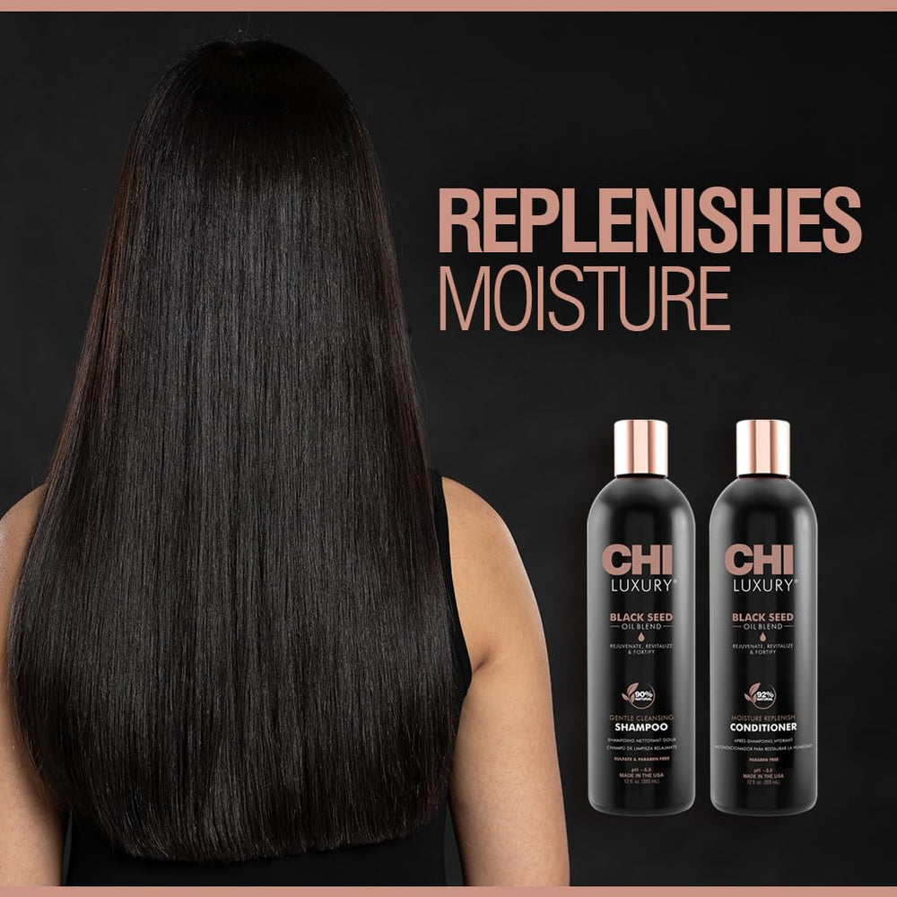 CHI Luxury Black Seed Oil Shampoo lather image emphasizes gentle cleanse and volume.