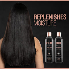 CHI Luxury Black Seed Oil Shampoo lather image emphasizes gentle cleanse and volume.