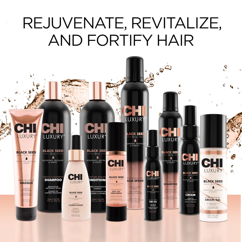 CHI Luxury Black Seed Oil Shampoo packaging emphasizes paraben-free and antioxidant formula.