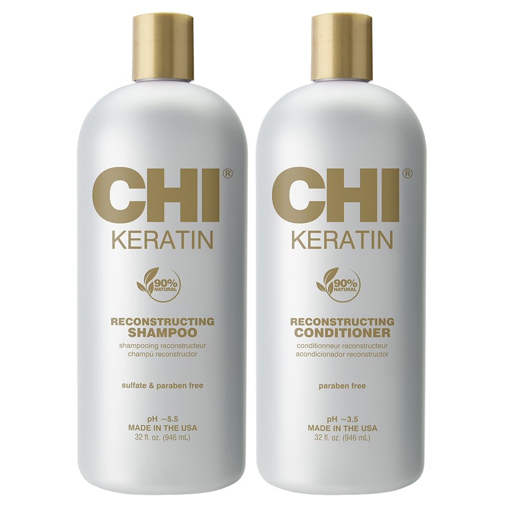 CHI Moisturize It Duo keratin shampoo bottle pouring for hydrated, silky hair