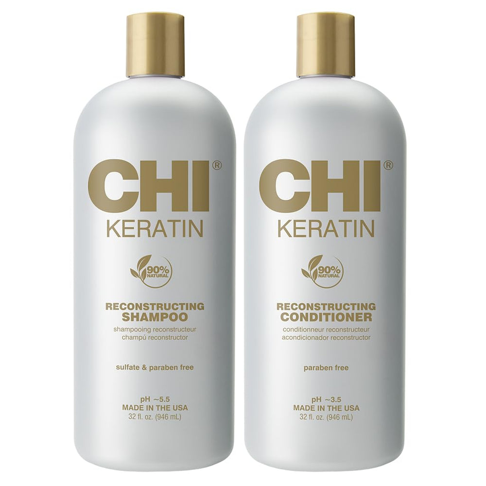 CHI Moisturize It Duo keratin shampoo bottle pouring for hydrated, silky hair