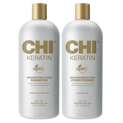 CHI Moisturize It Duo keratin shampoo bottle pouring for hydrated, silky hair