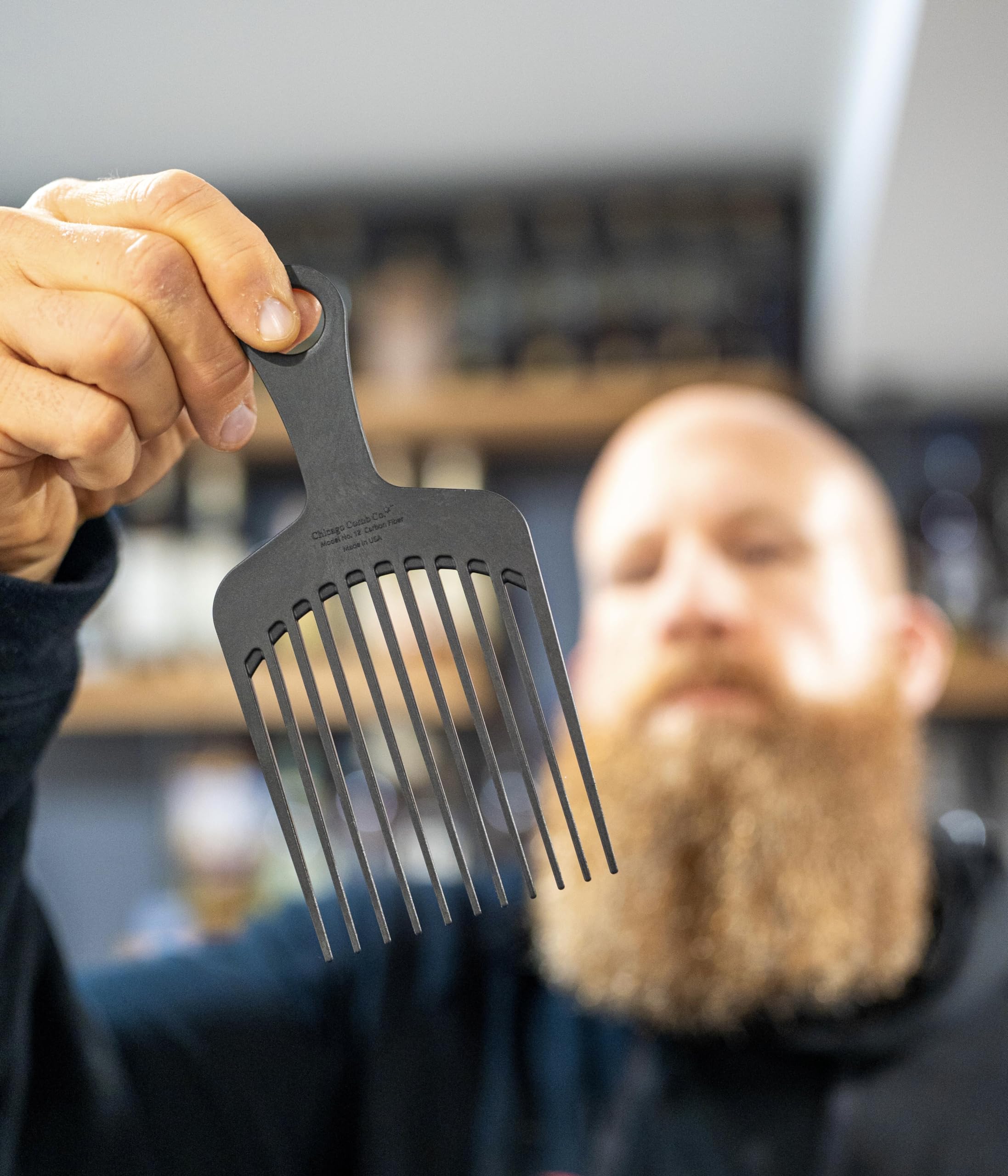 Chicago Comb Model 12 carbon fiber pick beard styling on thick beard