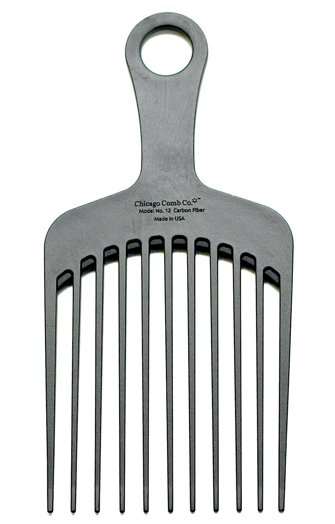 Chicago Comb Model 12 carbon fiber pick front view for detangling thick hair