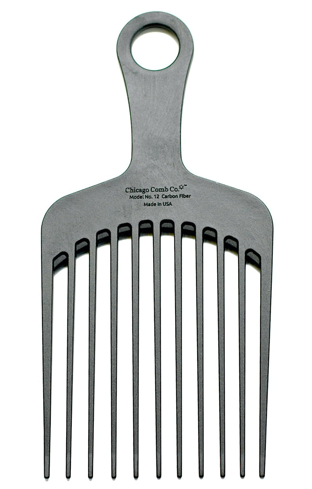 Chicago Comb Model 12 carbon fiber pick front view for detangling thick hair