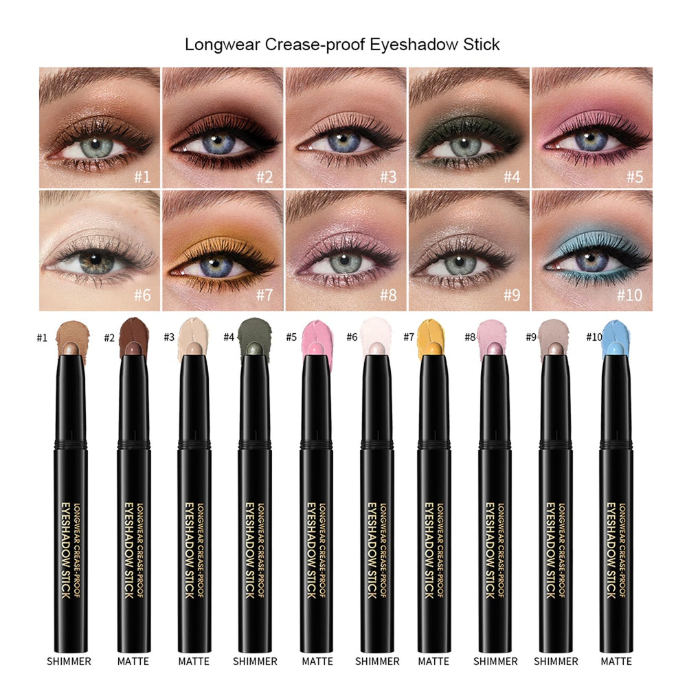 Chifure Eyeshadow Stick matte and shimmer palette images highlight versatile eye looks.