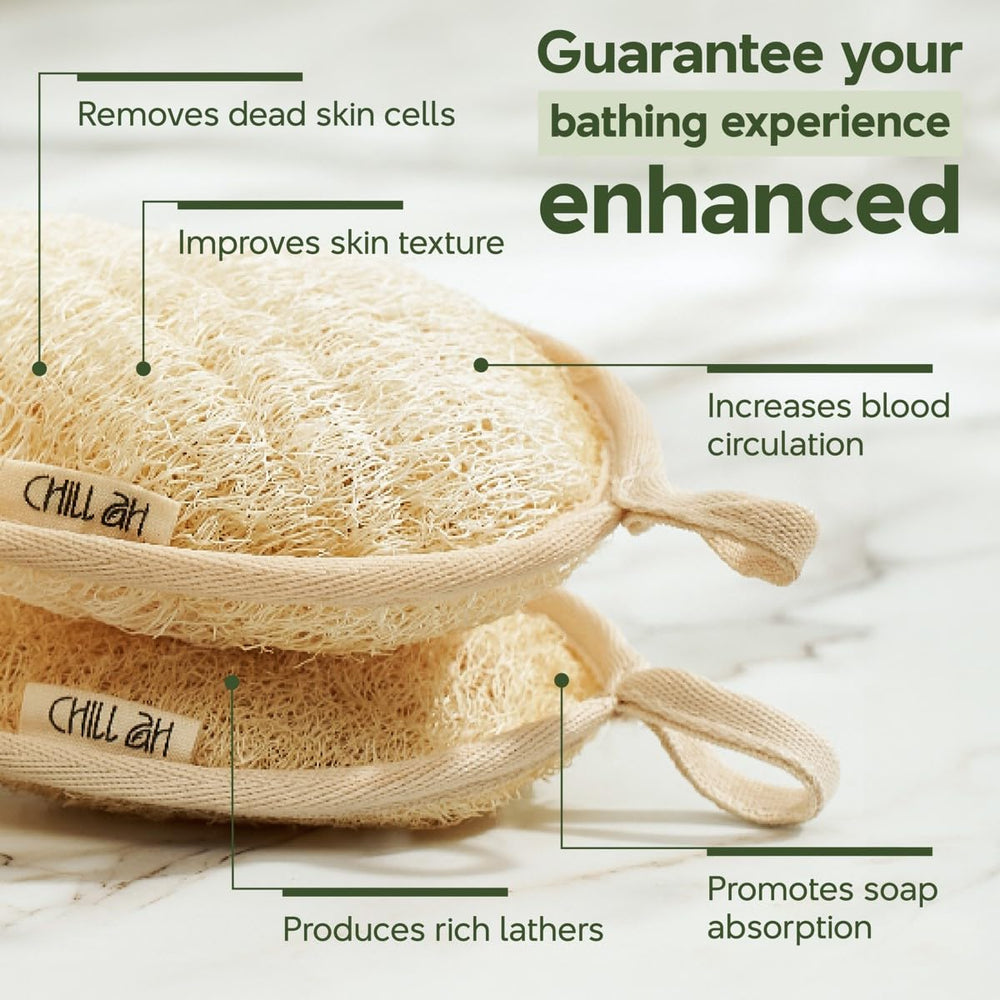 Chill Ah Green Glow biodegradable loofah set emphasizing eco-friendly skincare accessory