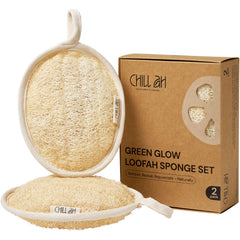 Chill Ah Green Glow dual-sided loofah bath sponge pack showing two textures for exfoliation